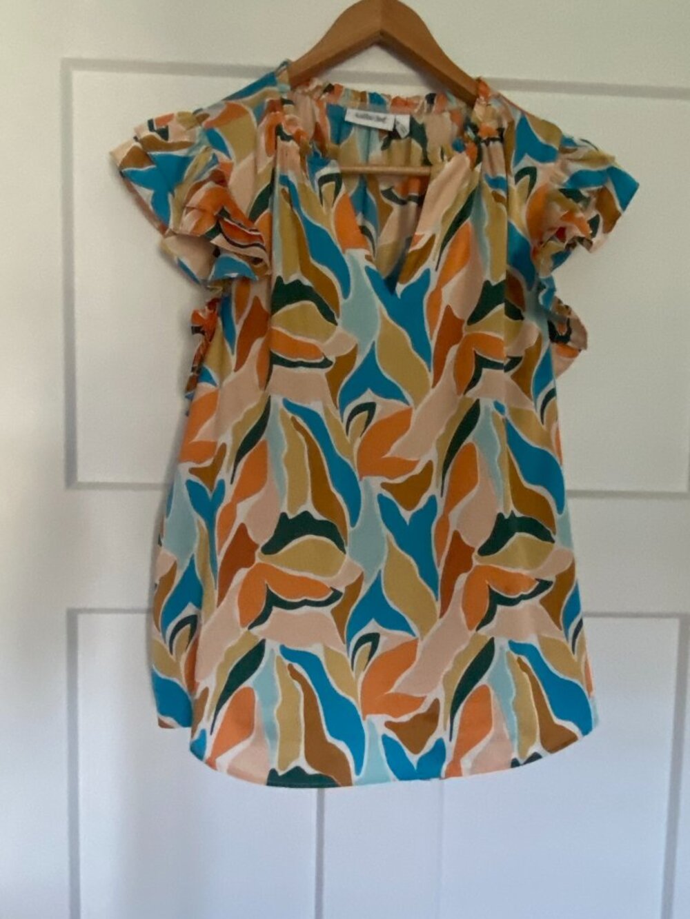 Willow & Root silky blouse - sz M - Rust Khaki Blue Orange - Ruffle Sleeves & Ne